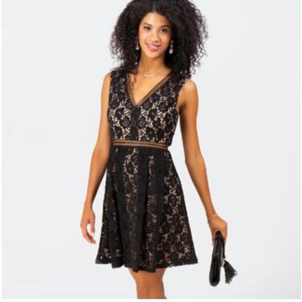 NEW Francescas Miami Xander Black Lace V Neck Fit & Flare Dress Exposed Zipper